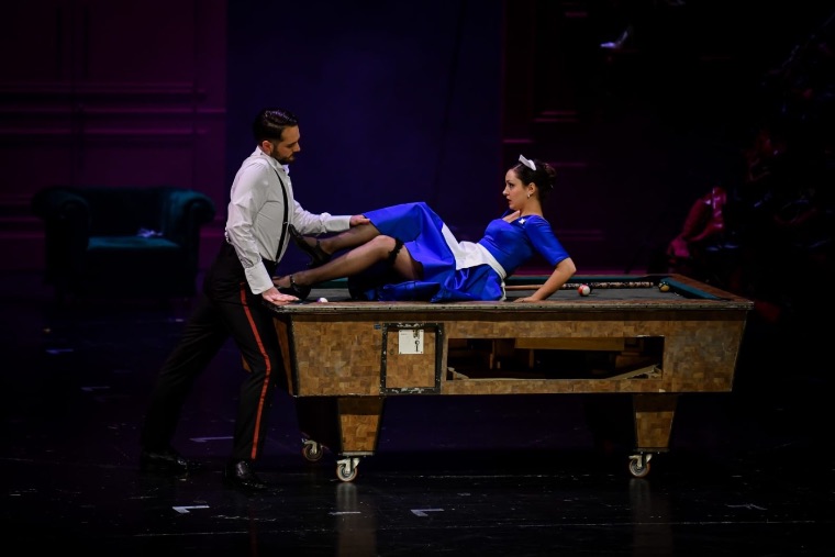 Luka Jozic in a duet scene at a billiard table